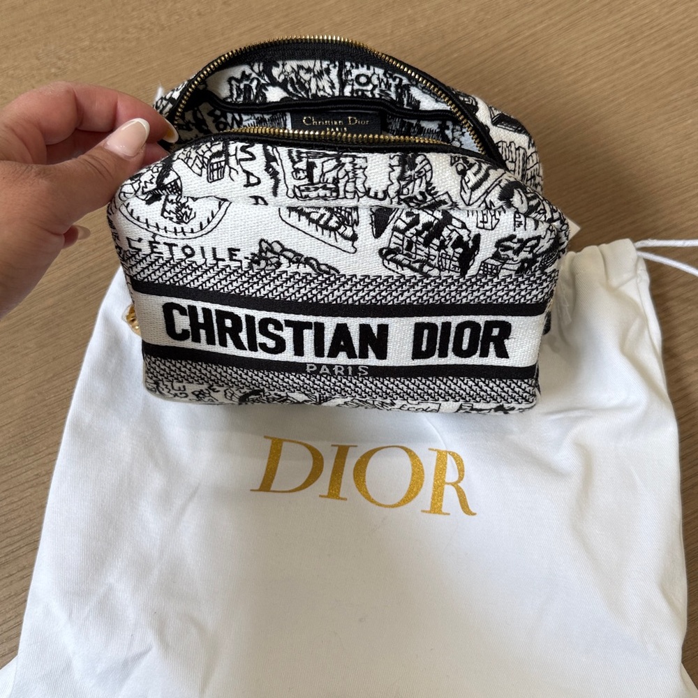 Christian Dior Black & White Toile Embroidered Cosmetic Pouch Beaute Line